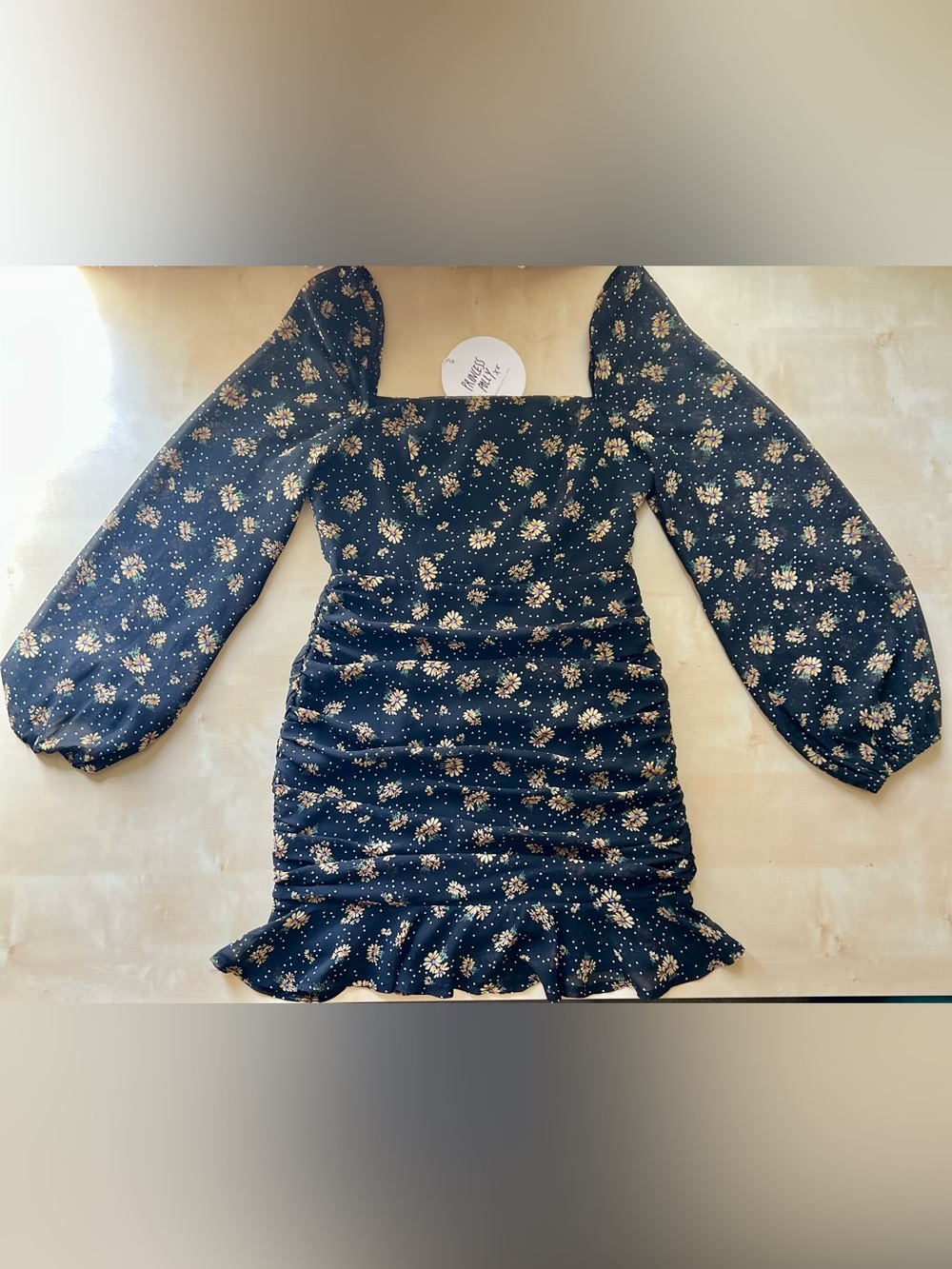 Princess Polly Black Sunflower Parvati Mini Dress with Sheer Balloon Sleeves - Picture 2 of 13